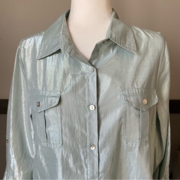 RUBY RD. Petite size 16 3/4 sleeve casual button down shirt metallic collar neck - Picture 7 of 12